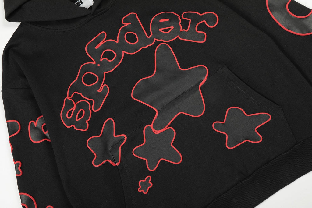 Sp5der Black Red Outline Star Graphic Hoodie — detail