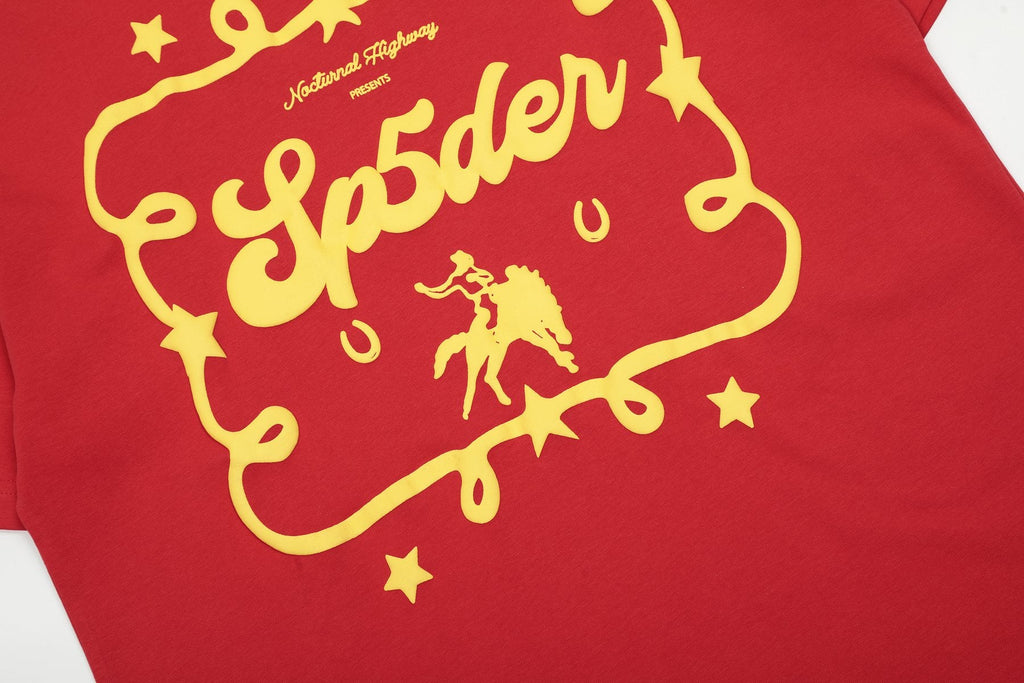 Sp5der Yellow Western Graphic Red T-Shirt — detail