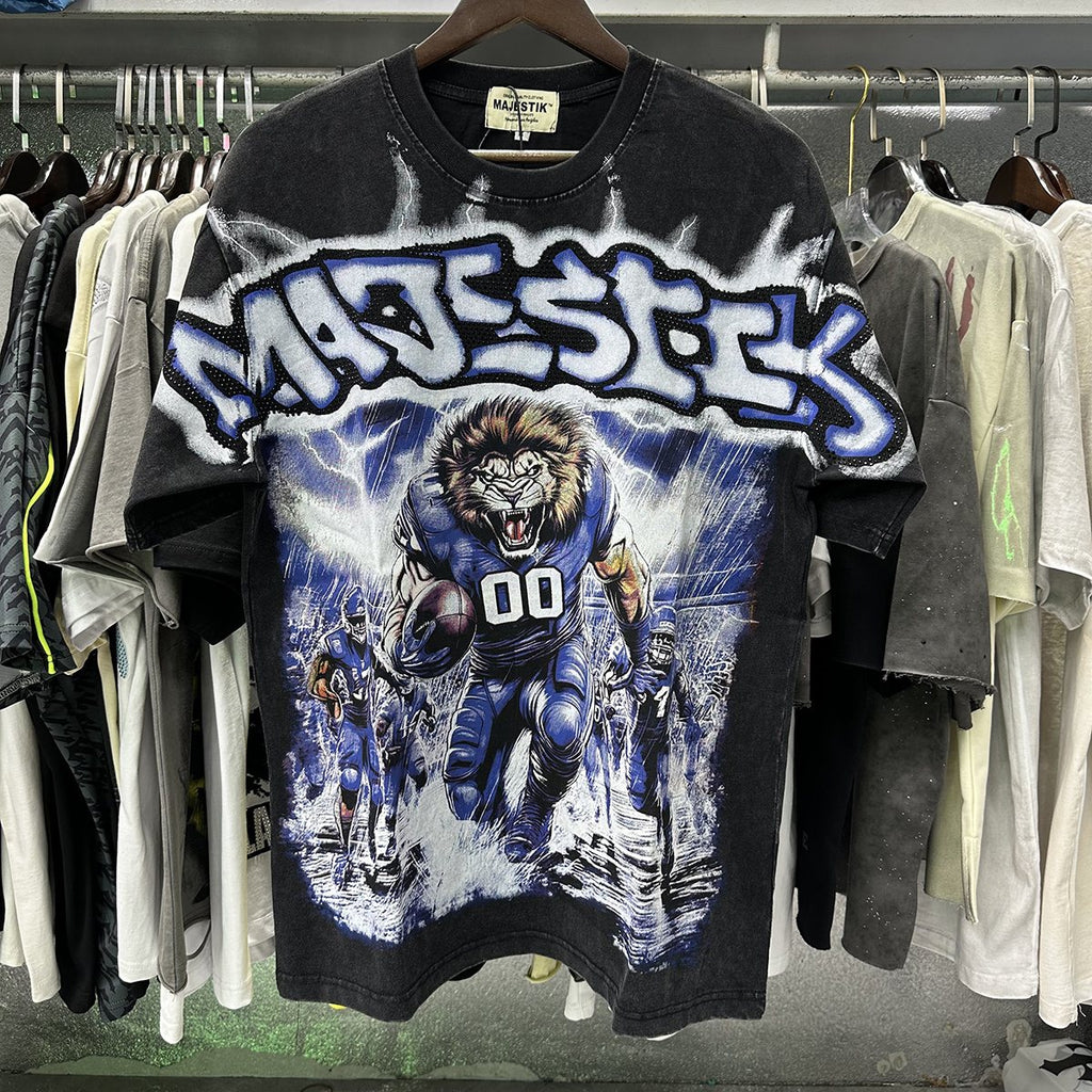 MAJESTIK Lion Football Rhinestone Crop T-Shirt — context