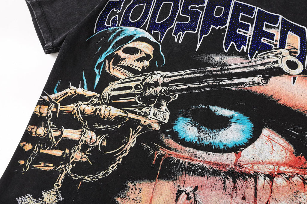 Godspeed Distressed Rhinestone Graphic T-Shirt — detail