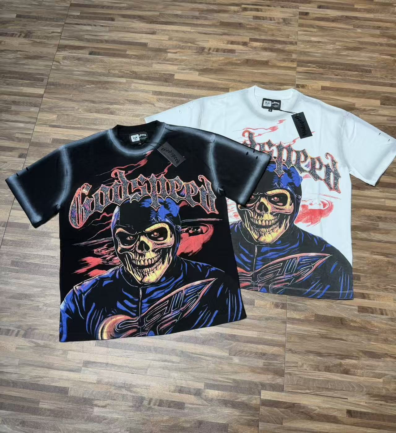 Godspeed Skull Graphic Distressed Sleeve T-Shirt — context