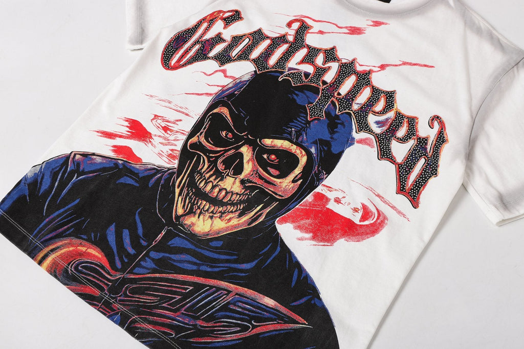 Godspeed Skull Graphic Distressed Sleeve T-Shirt — detail