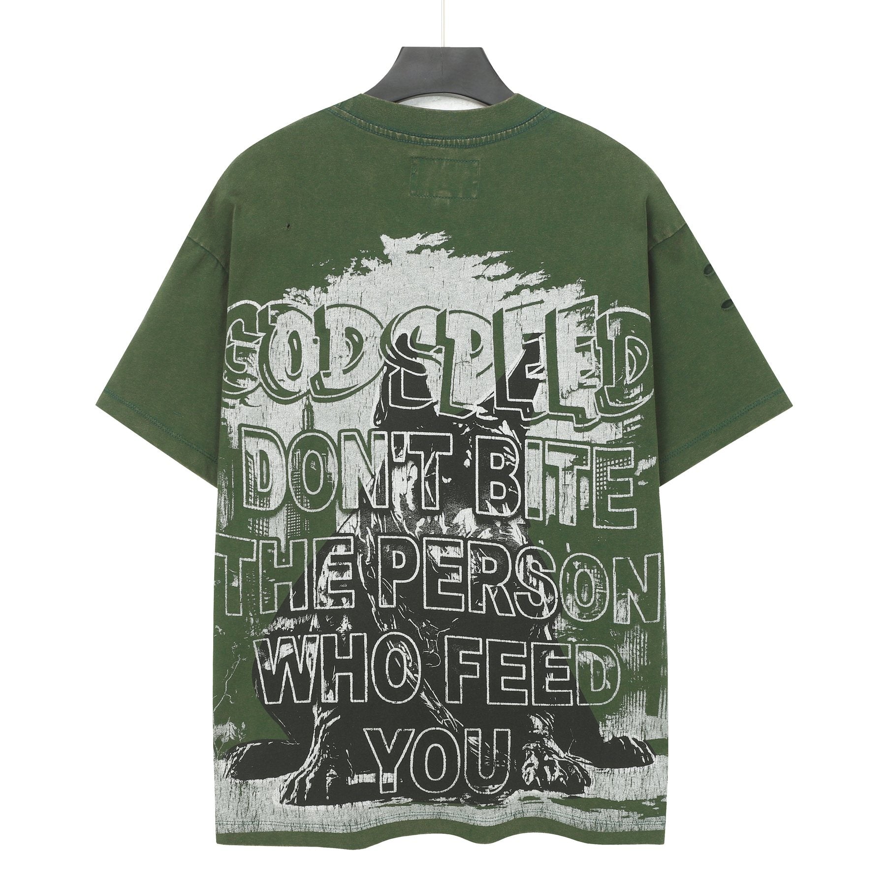 Godspeed Dog Graphic Distressed Sleeve T-Shirt — back