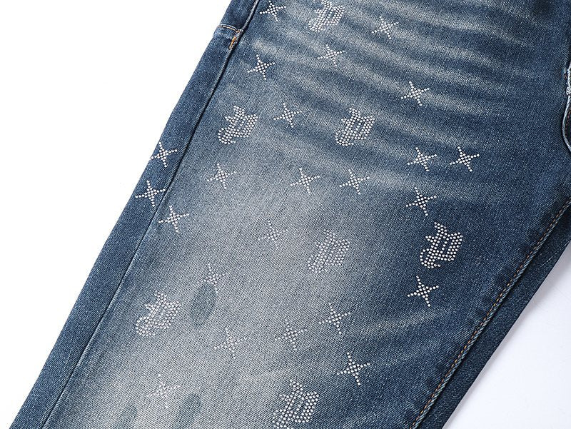 Purple Brand Blue Rhinestone-Style Motif Jeans — detail