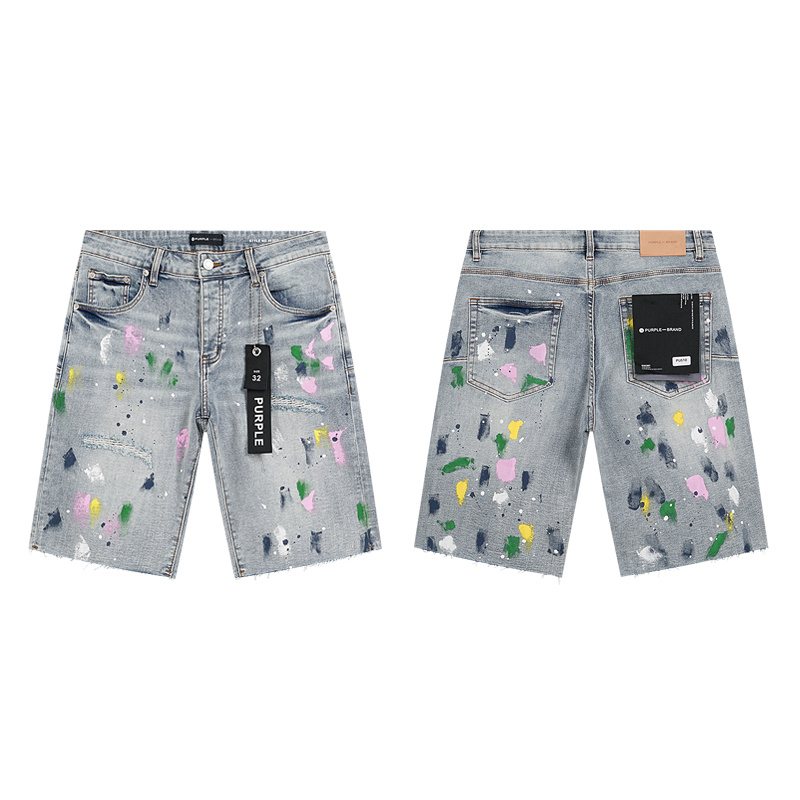 Purple Brand Light Blue Paint-Splatter Denim Shorts — front