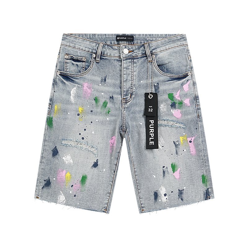 Purple Brand Light Blue Paint-Splatter Denim Shorts — hero