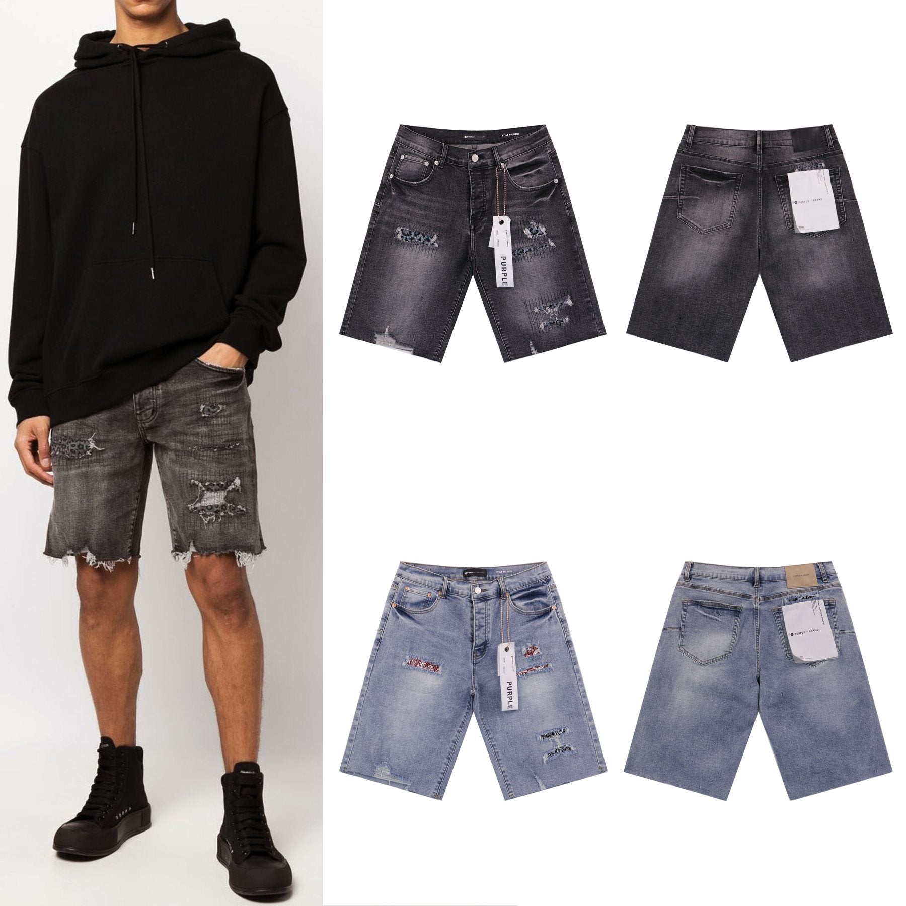 Purple Brand Distressed Patch Denim Shorts — comparison