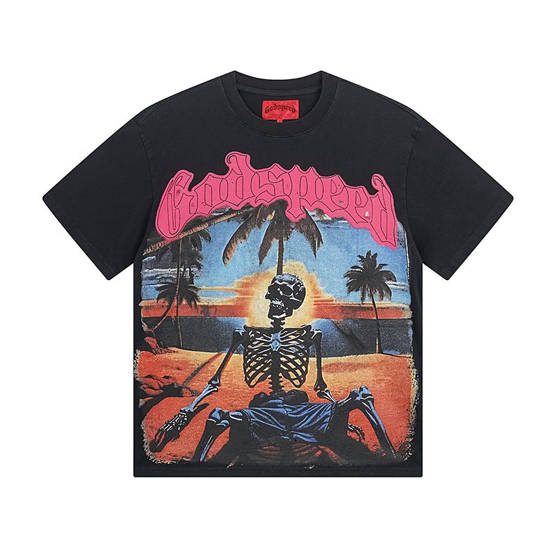 Godspeed Washed Black Skeleton Graphic Short-Sleeve T-Shirt — front
