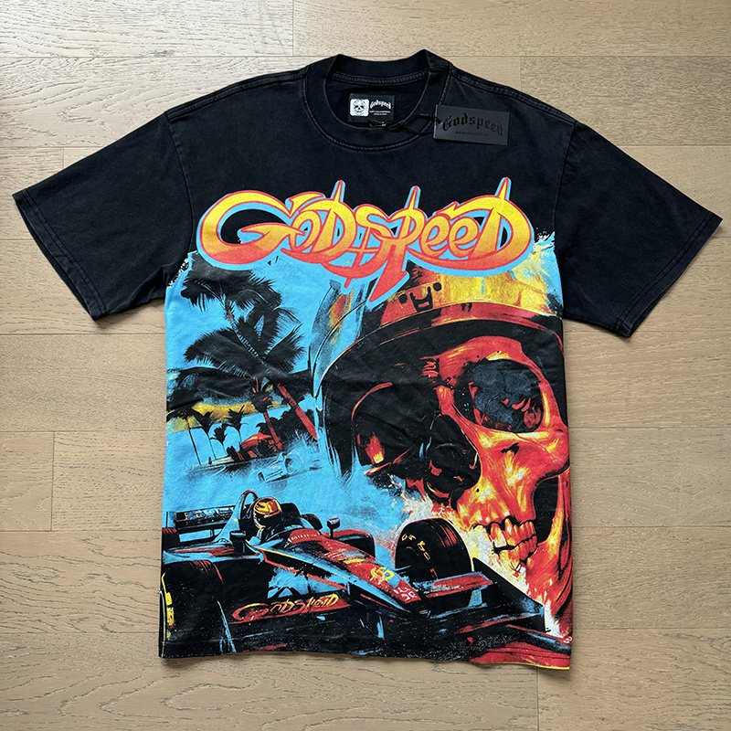 Godspeed Washed Black Skull Racing Graphic T-Shirt — front