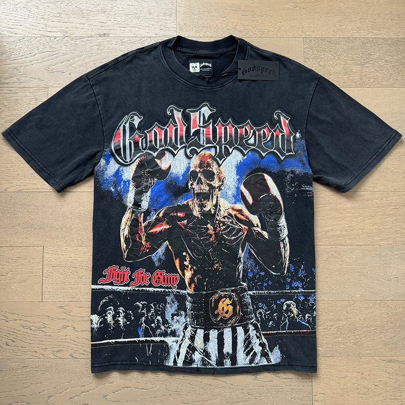 Godspeed Washed Black Skull Boxing Graphic T-Shirt — front