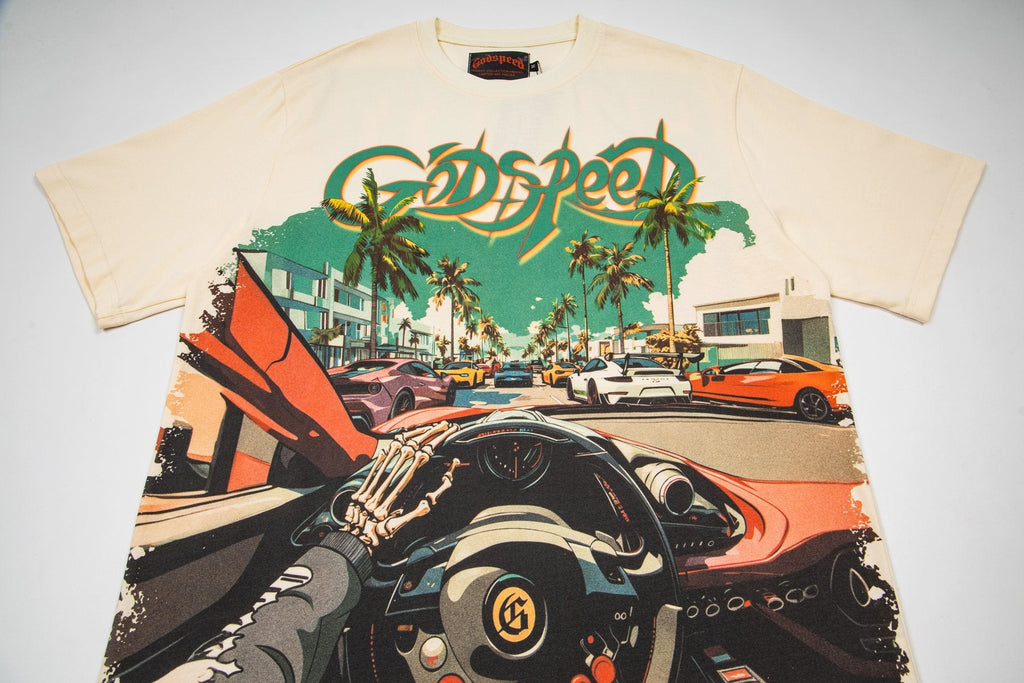 Godspeed Retro Car & Palm Tree Graphic T-Shirt — front