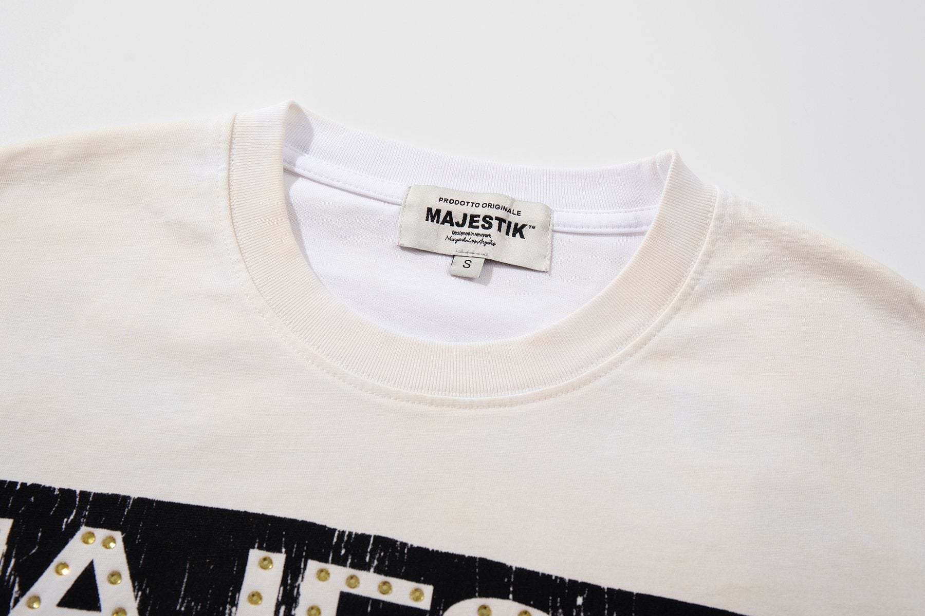 MAJESTIK Distressed Rhinestone Graphic T-Shirt — neck_label