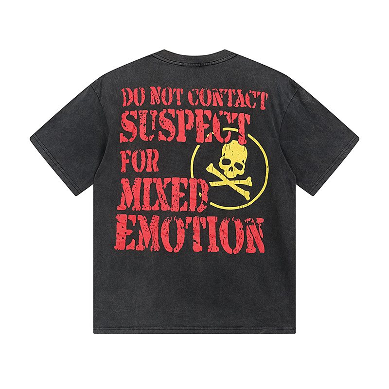 MIXED EMOTION Washed Black Distressed Graphic T-Shirt — back