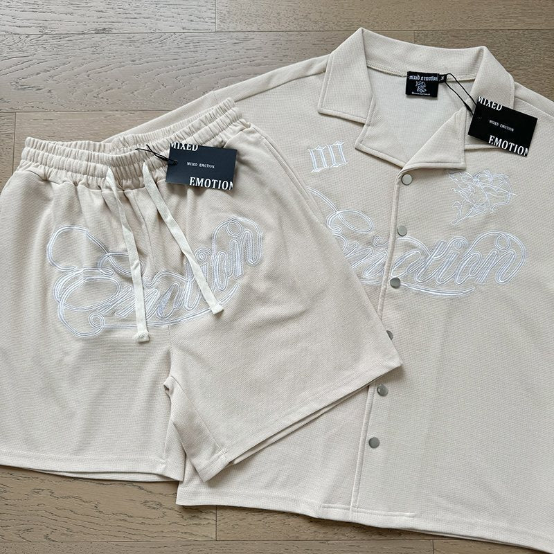 MIXED EMOTION Waffle-Knit Embroidered Shirt & Shorts Set — front