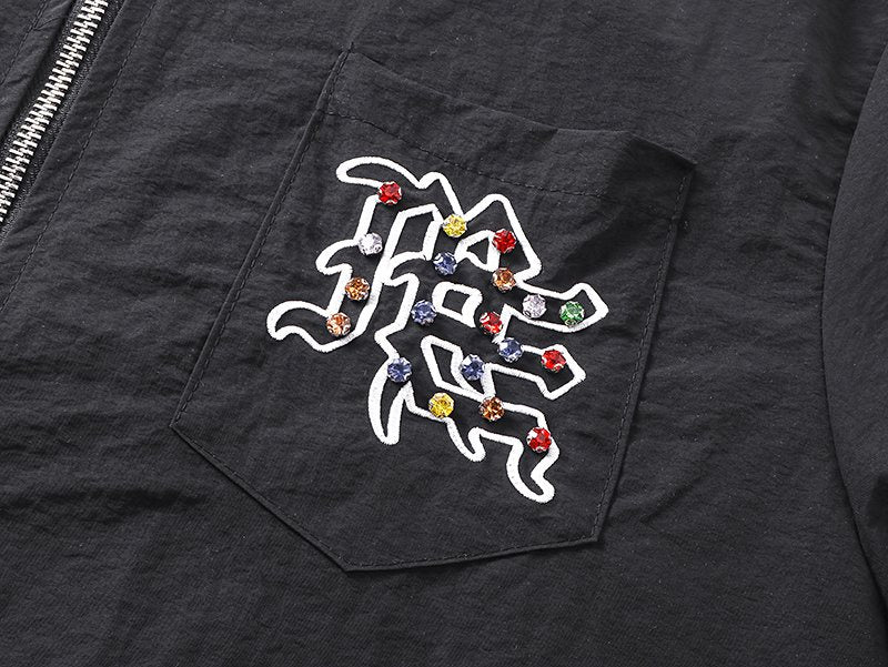 MIXED EMOTION Embellished Zip-Front Short-Sleeve Shirt — detail