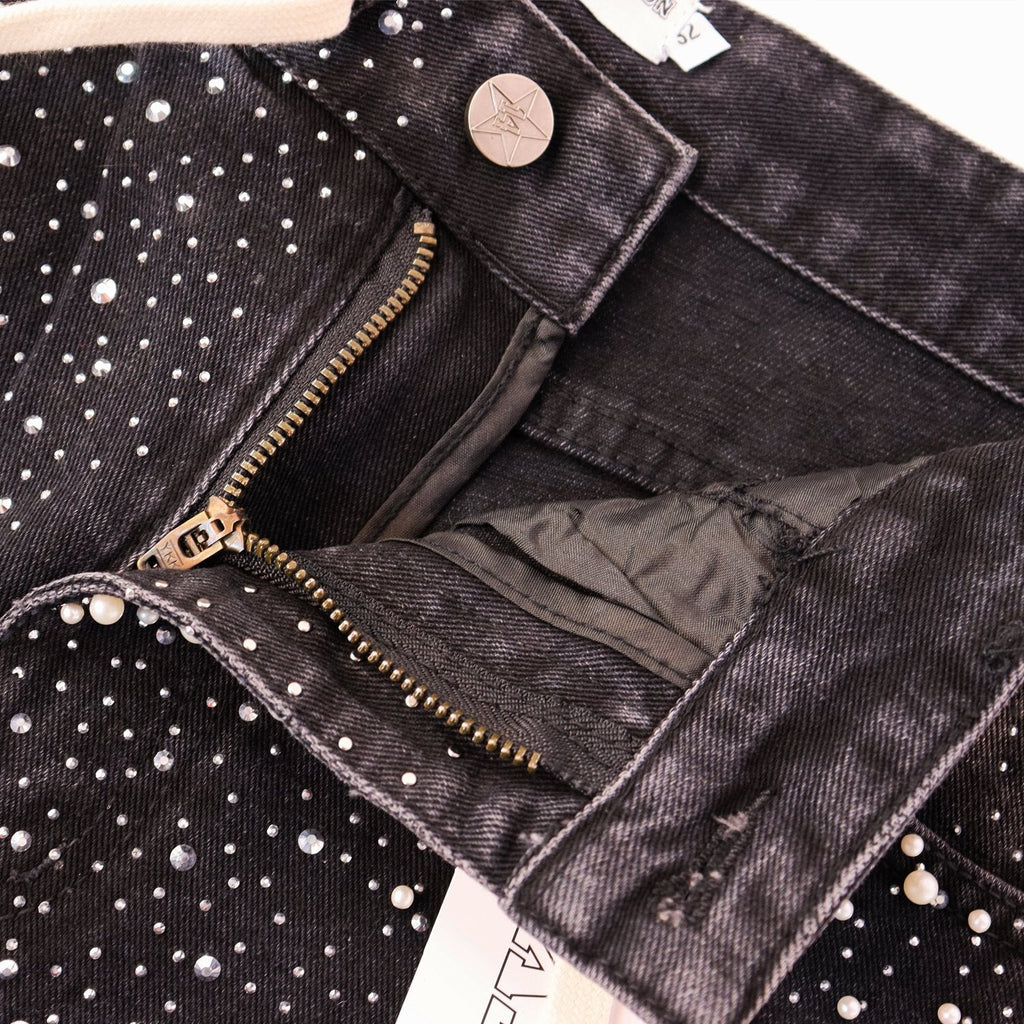 VALE Pearl-Studded Washed Denim Shorts — detail