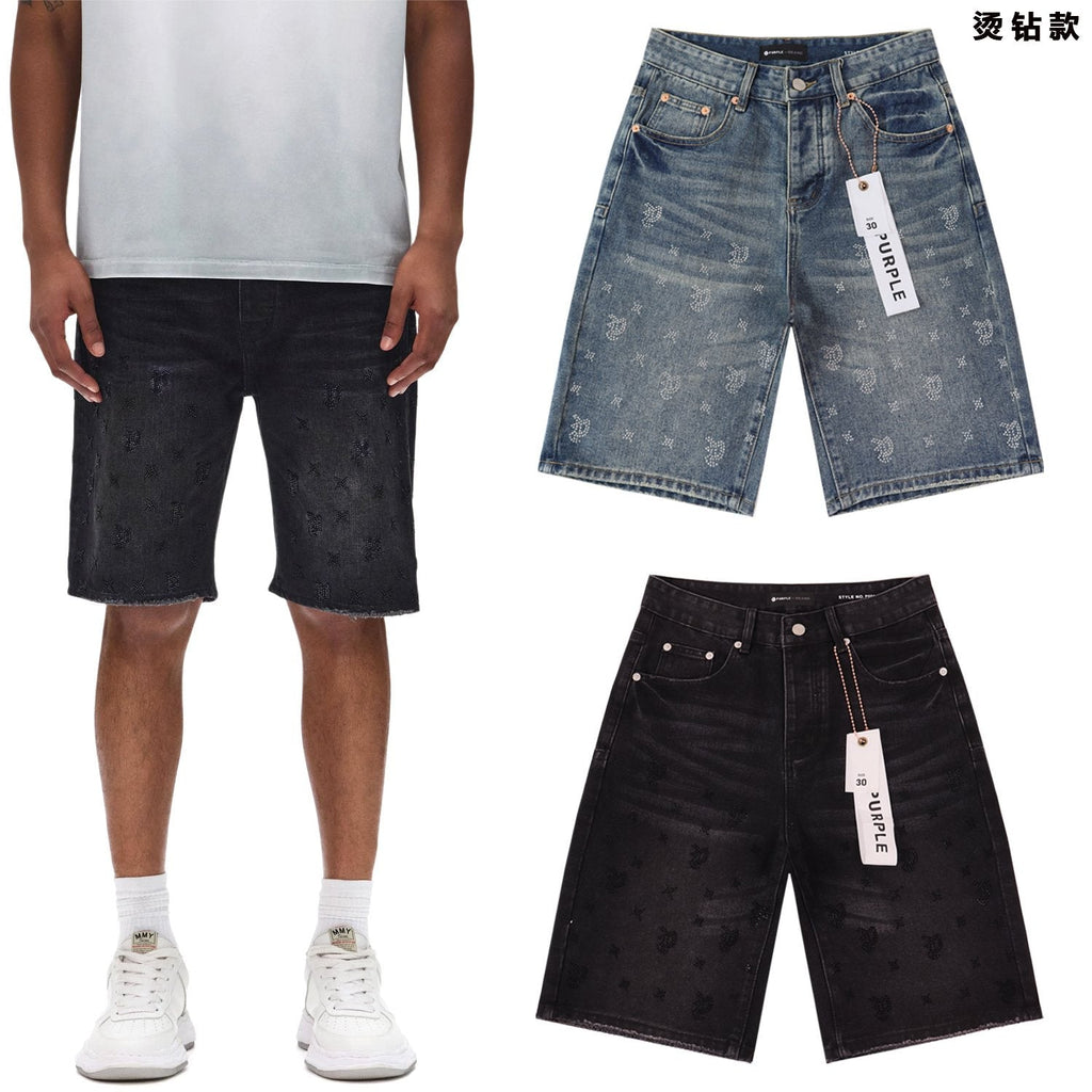 PURPLE Rhinestone Raw-Hem Denim Shorts — context