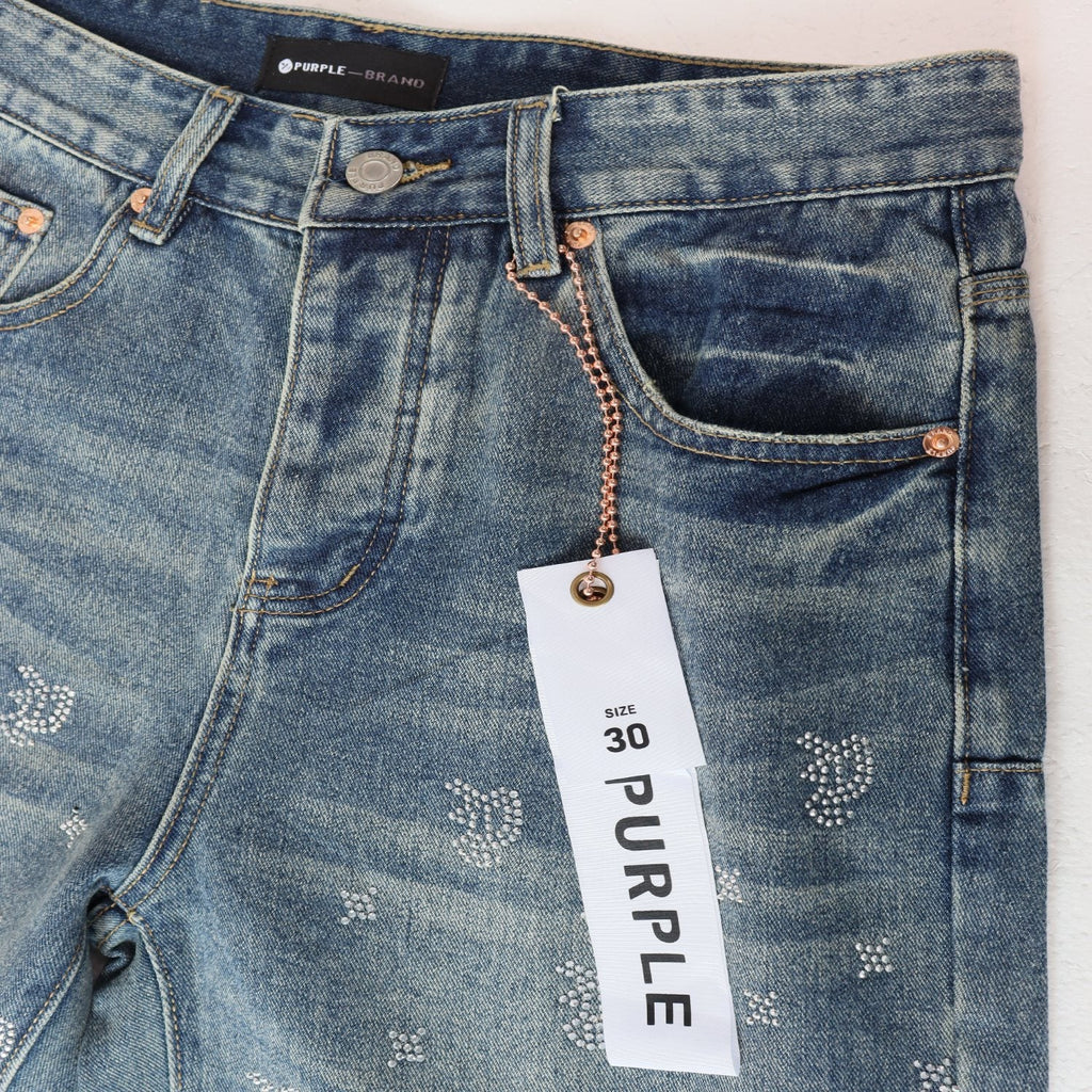 PURPLE Rhinestone Raw-Hem Denim Shorts — detail
