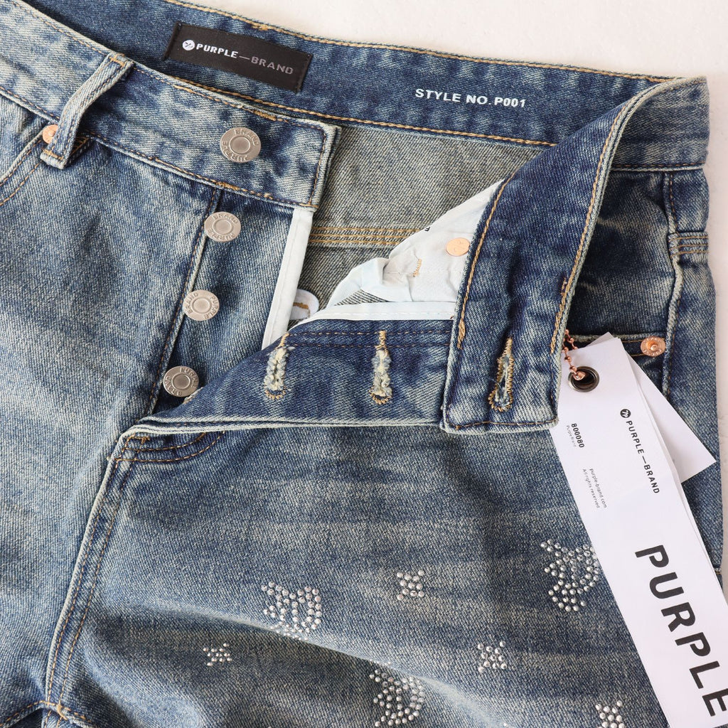 PURPLE Rhinestone Raw-Hem Denim Shorts — detail