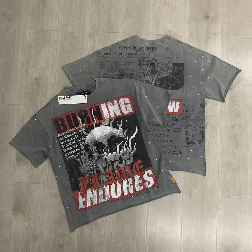 FIRST ROW Burning Flames Cropped Graphic T-Shirt — context