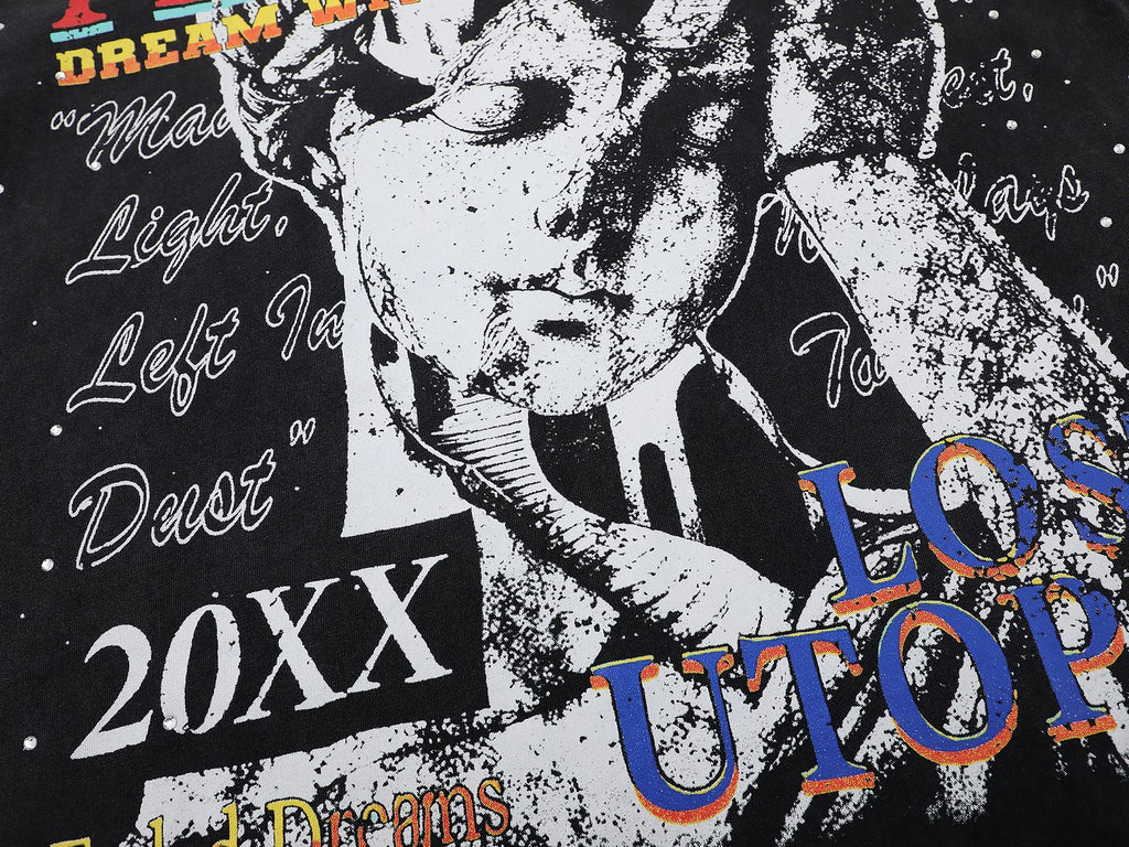 FIRST ROW Lost Utopia Illusion Cropped Graphic T-Shirt — detail