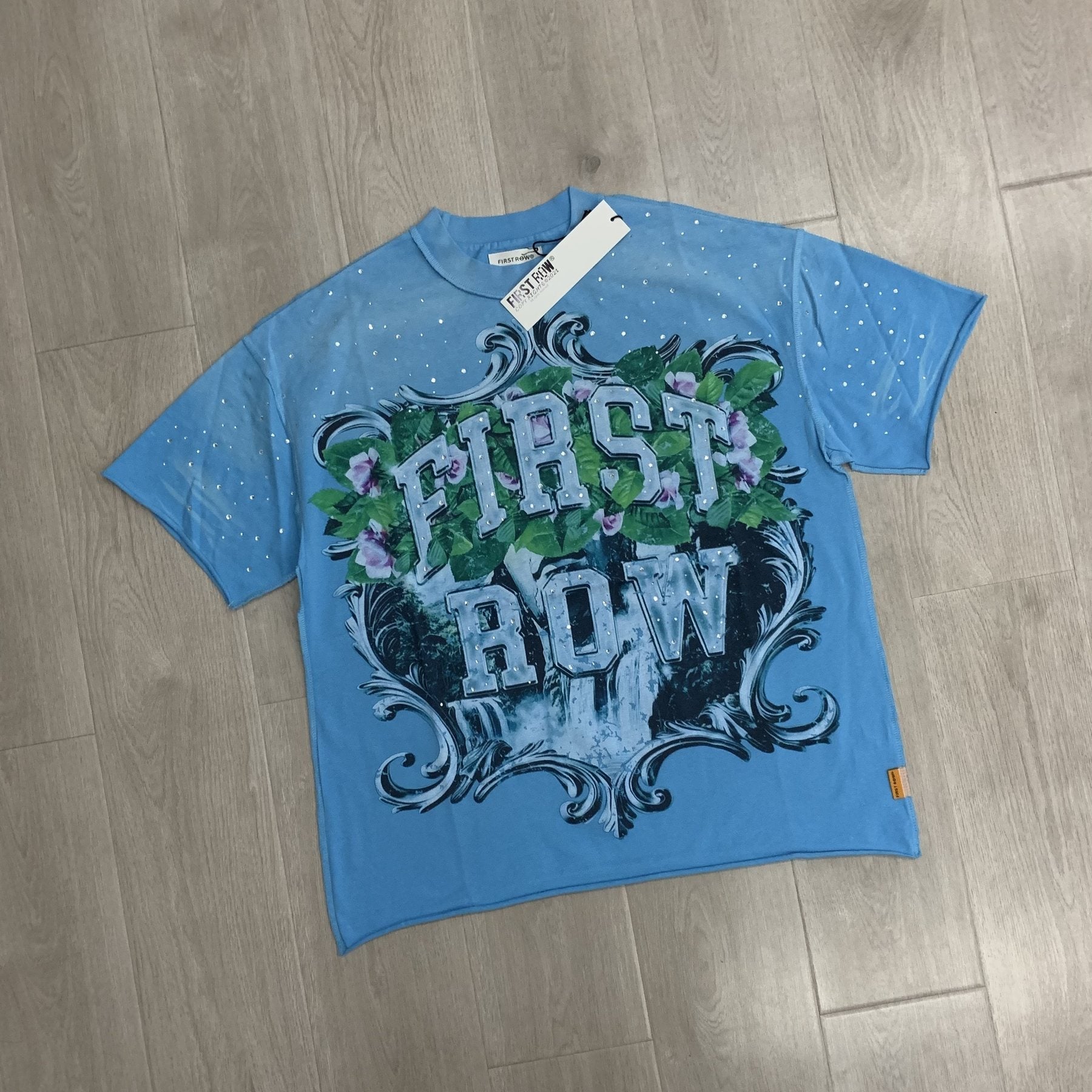 FIRST ROW Sky Blue Rhinestone Front & Back Graphic T-Shirt — front