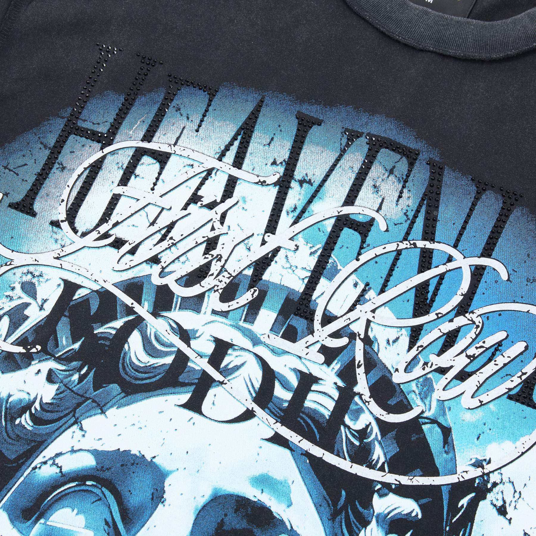 FIRST ROW Distressed Rhinestone Graphic T-Shirt — detail
