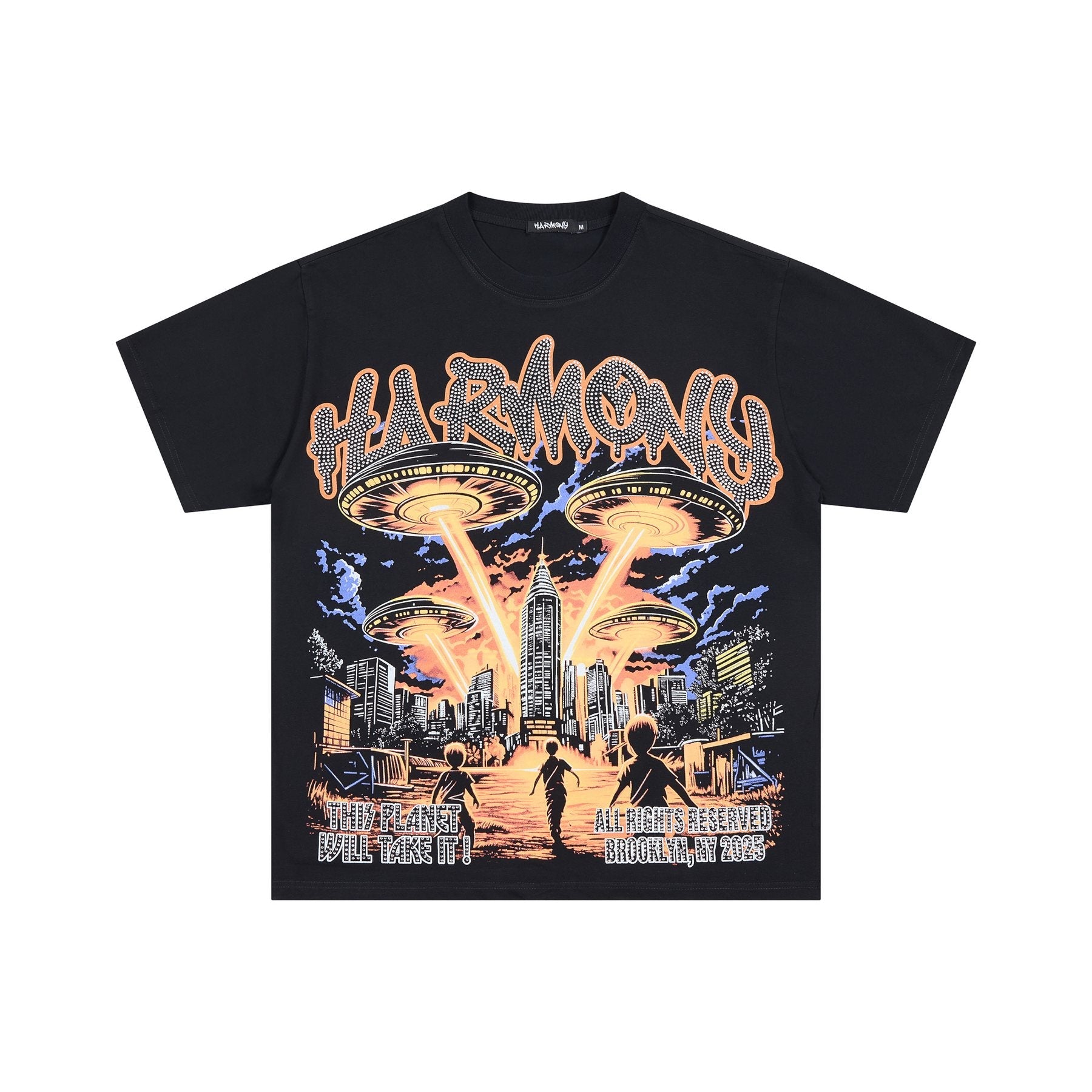 HARMONY UFO City Rhinestone Graphic T-Shirt — front
