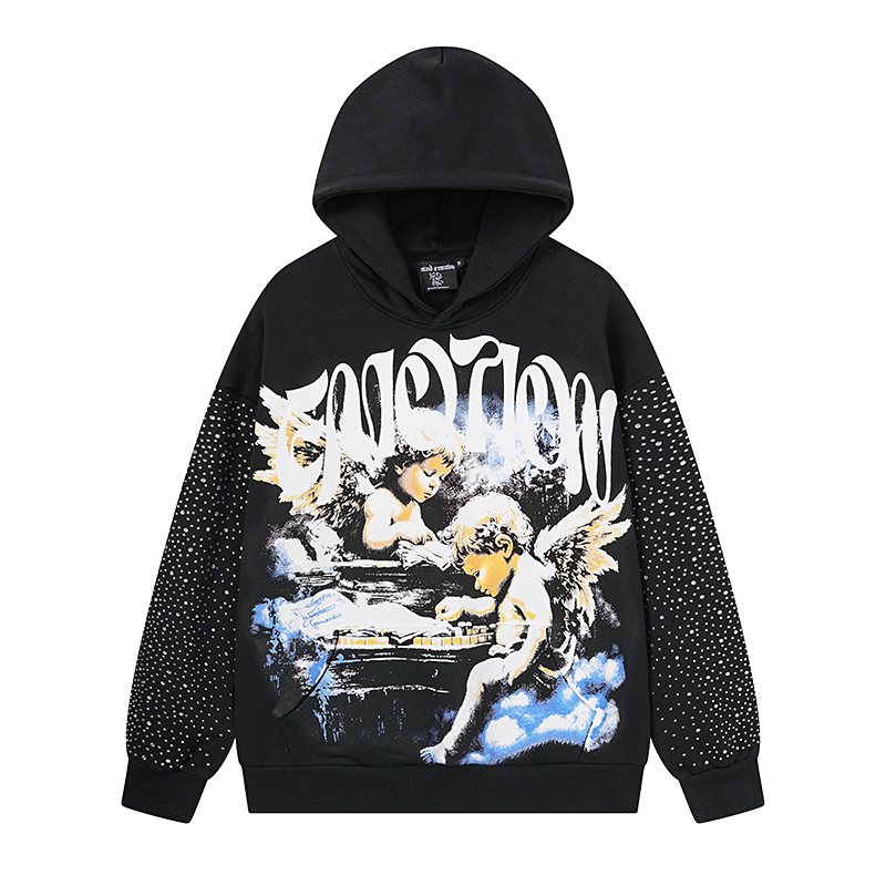 Mixed Emotion Angel Rhinestone Sleeve Graphic Hoodie — front