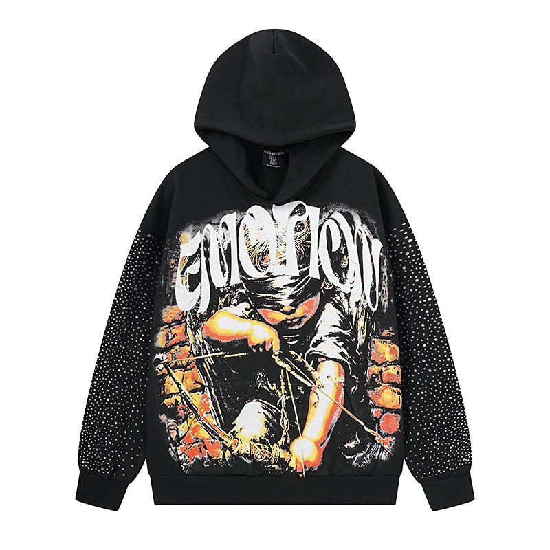 MIXED EMOTION Rhinestone Sleeve Graphic Hoodie — front