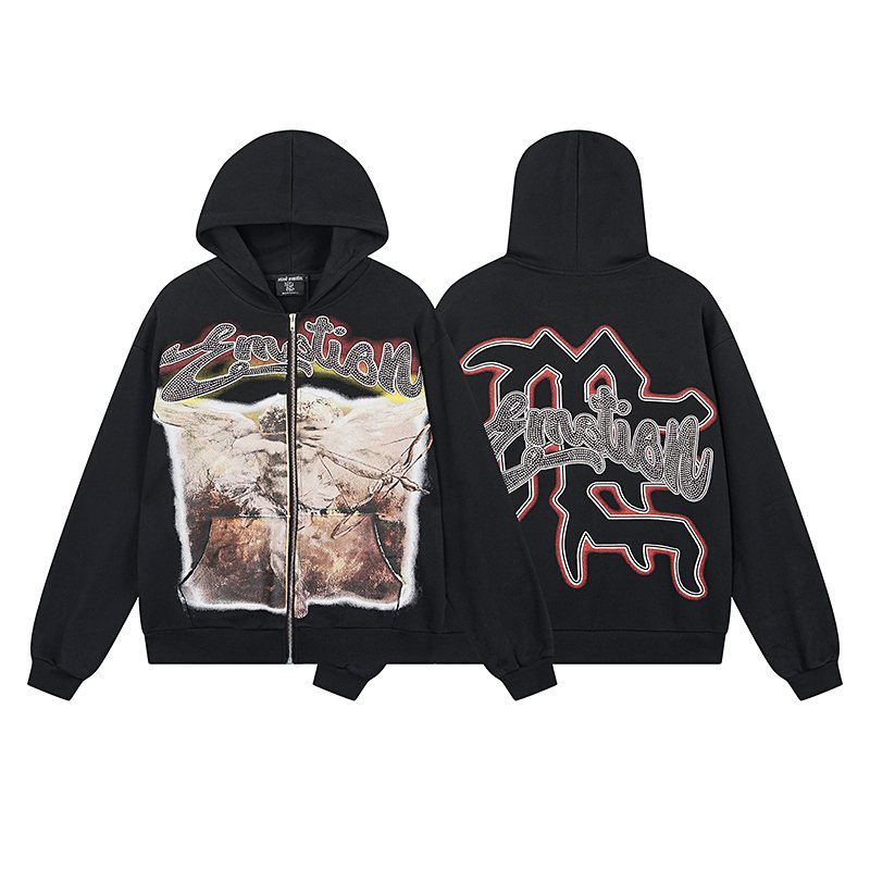 Mixed Emotion Black Zip-Up Graphic Hoodie — hero