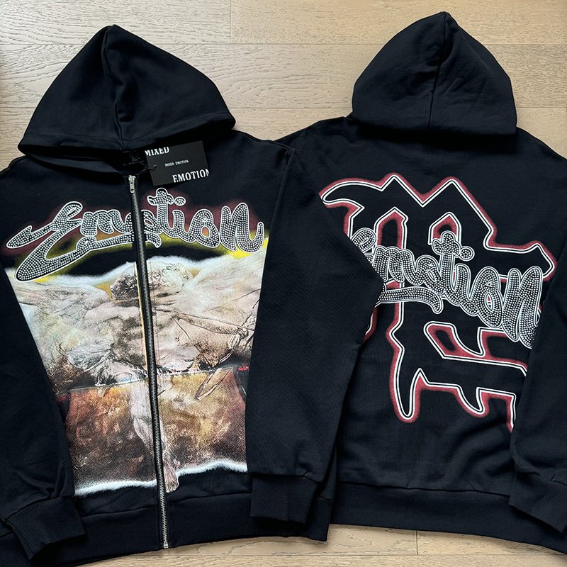 Mixed Emotion Black Zip-Up Graphic Hoodie — comparison