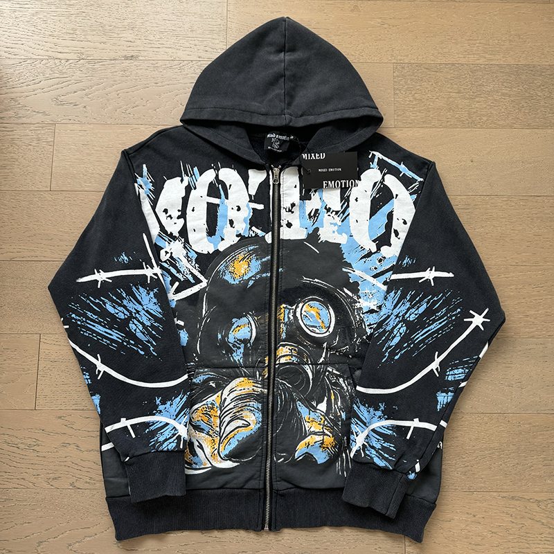 MIXED EMOTION Washed Black Graphic Zip Hoodie — front