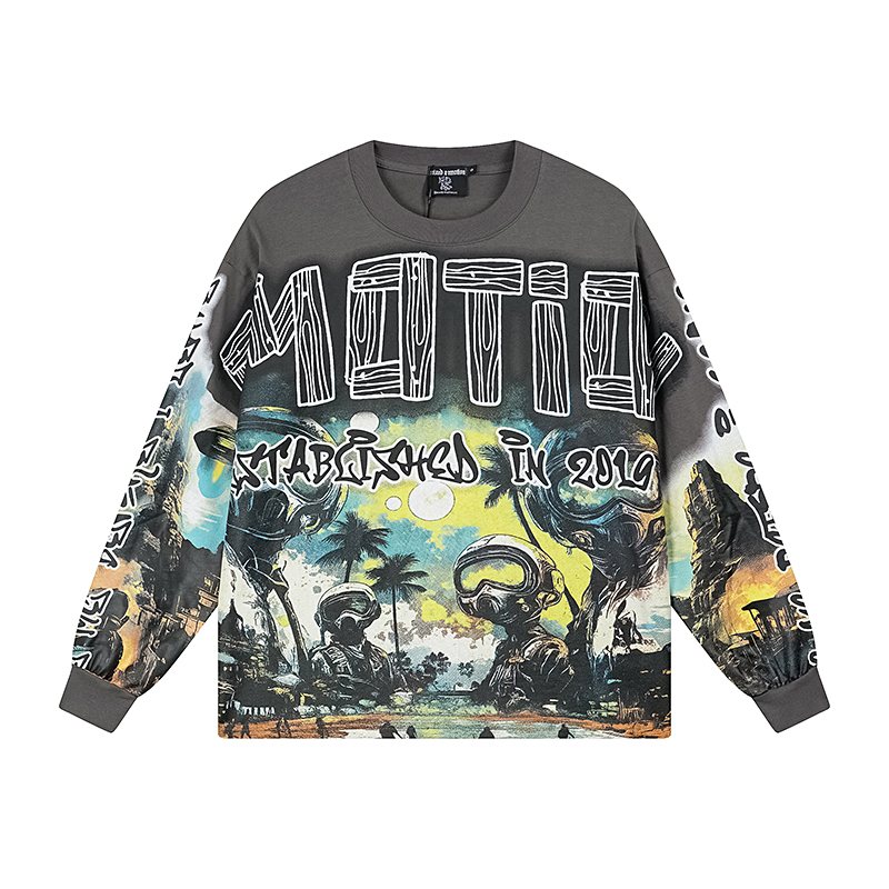 MIXED EMOTION Gray Graffiti Graphic Long-Sleeve T-Shirt — front