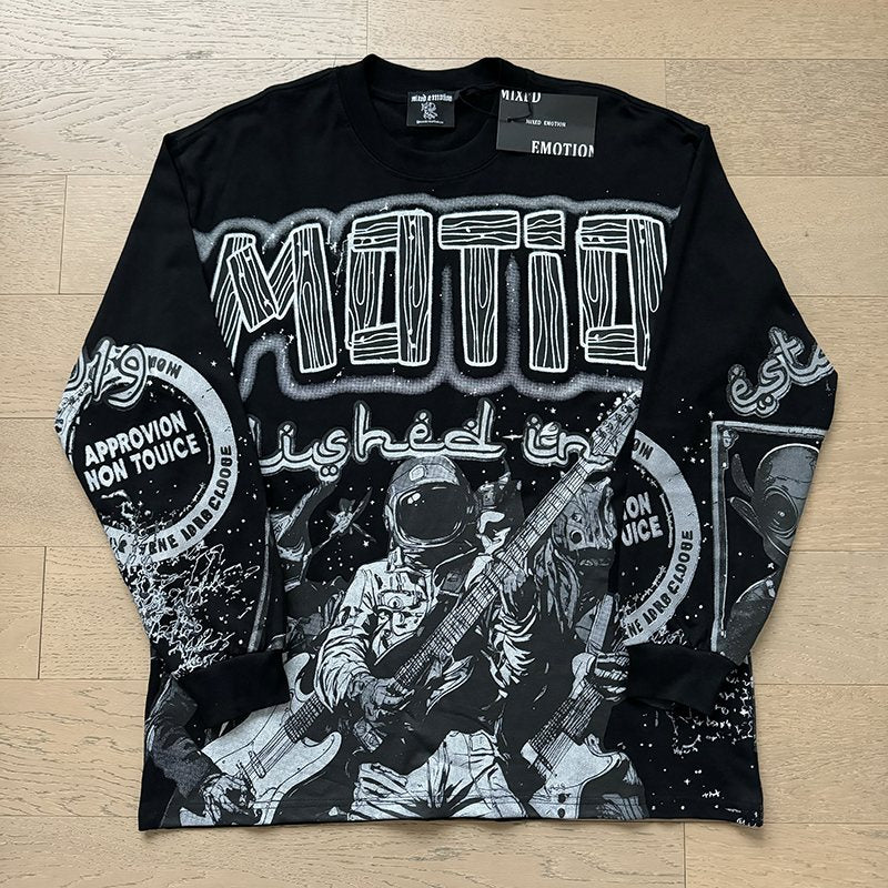MIXED EMOTION Black All-Over Graphic Long-Sleeve T-Shirt — front