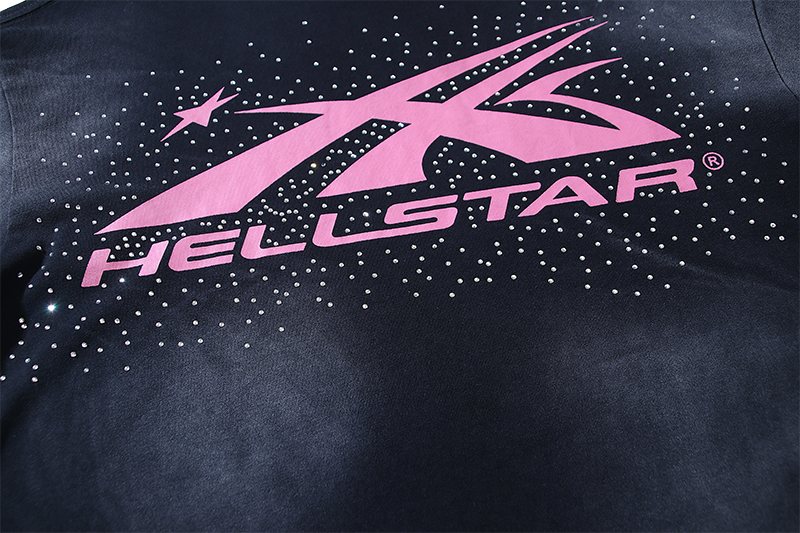 Hellstar Pink Rhinestone Graphic Black T-Shirt — detail