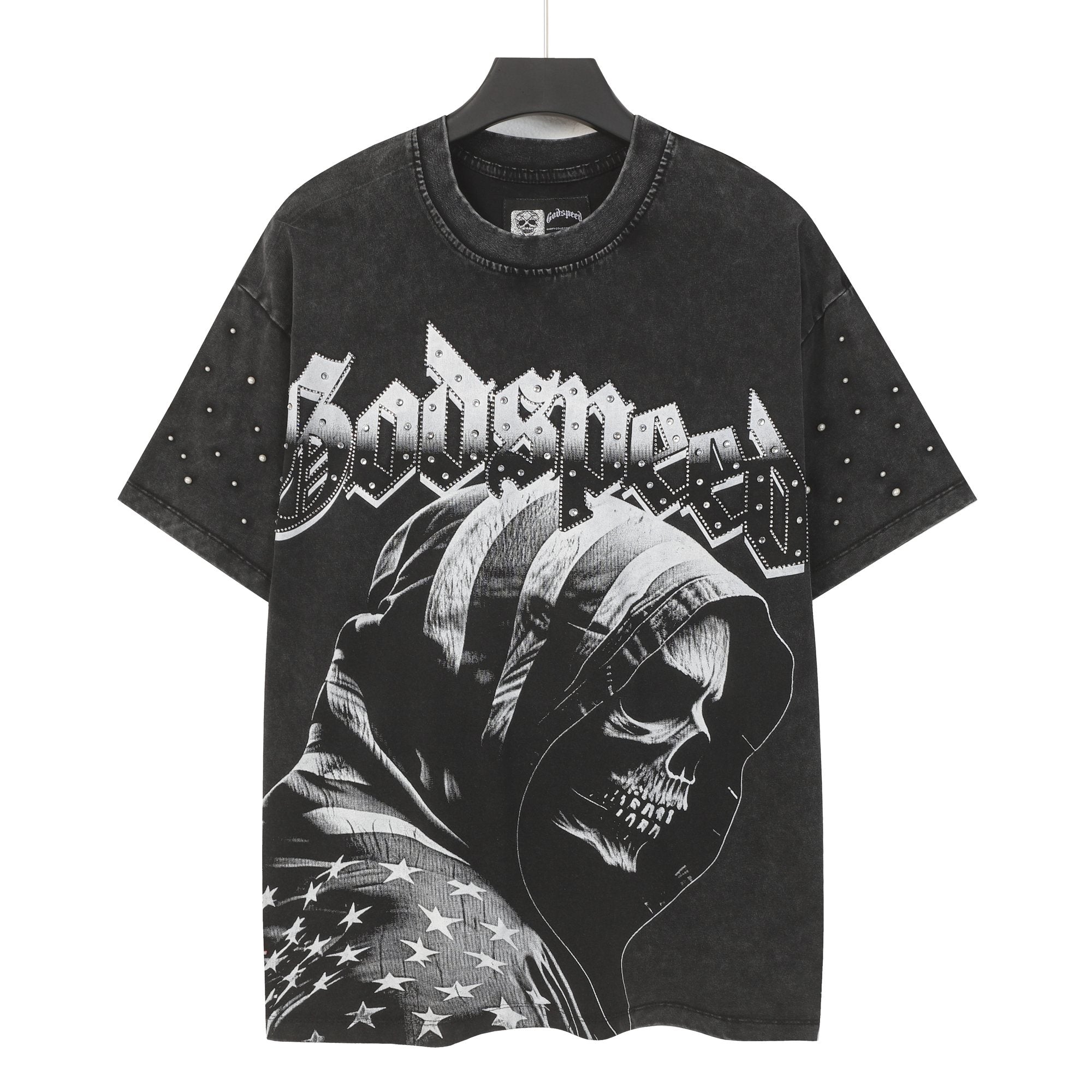 Godspeed Hooded Skull Graphic Studded-Sleeve T-Shirt — hero