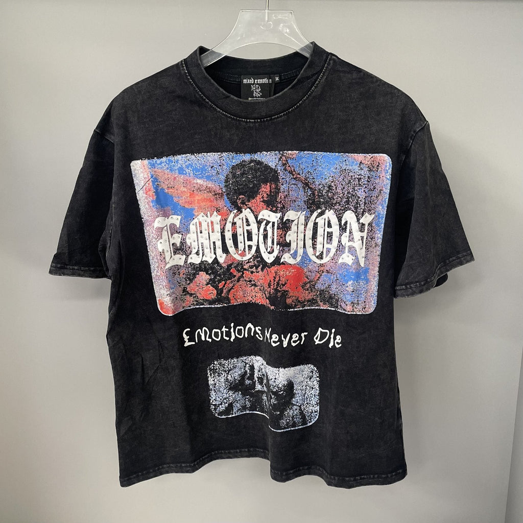 MIXED EMOTION Rhinestone Graphic Acid-Wash T-Shirt — front