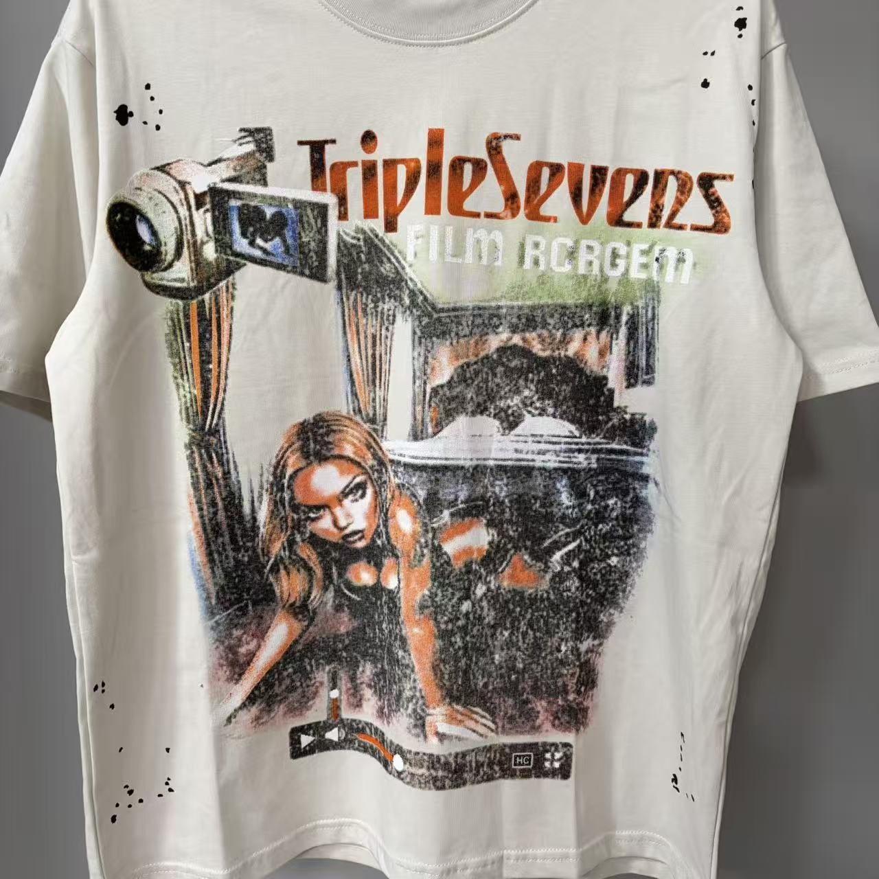 TRIPLE SEVENS Cream Front & Back Graphic T-Shirt — detail