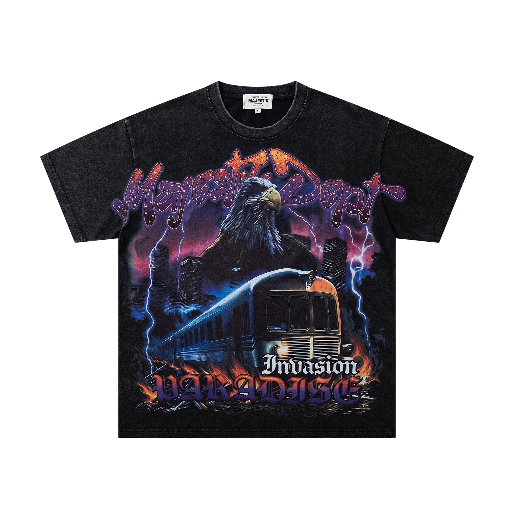MAJESTIK Washed Black Rhinestone Graphic T-Shirt — front