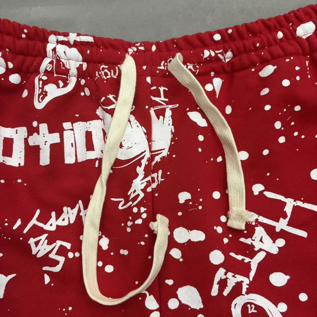 MIXED EMOTION Graffiti Paint Splatter Drawstring Shorts — fabric_closeup