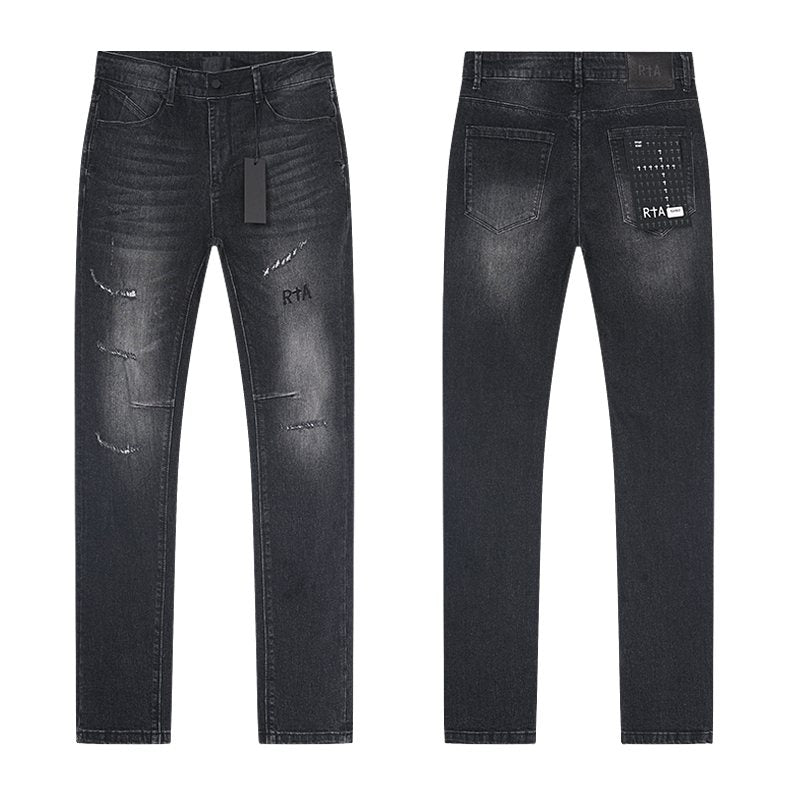 R+A Washed Black Distressed Logo Detail Jeans — hero