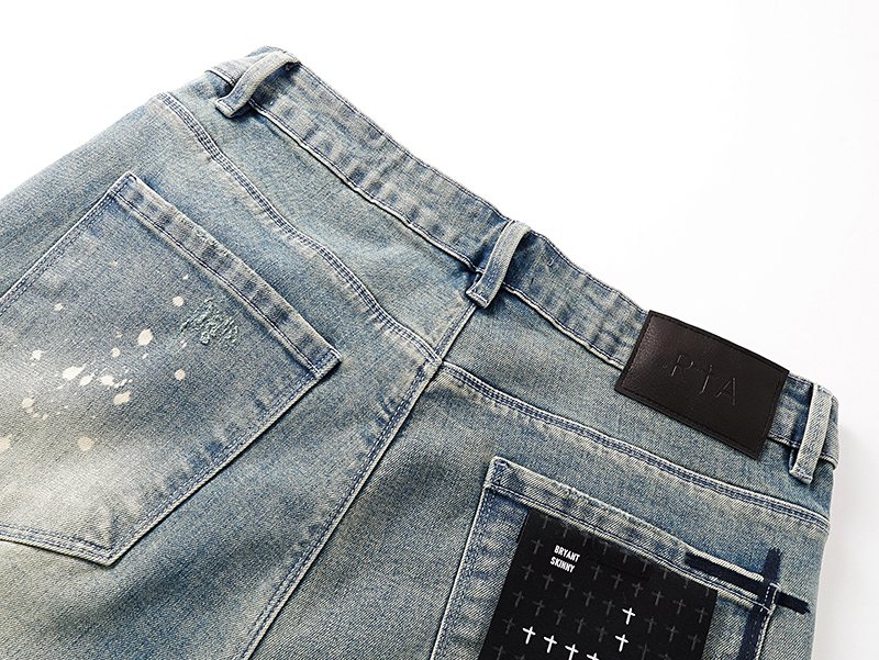 R+A Light Blue Distressed Paint Splatter Jeans — detail