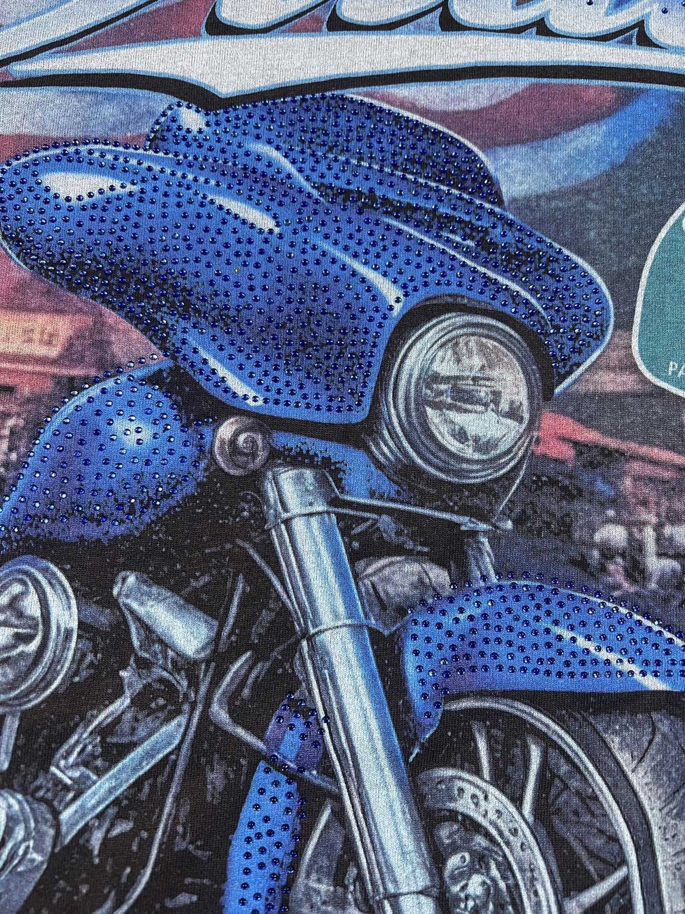 DUAA Blue Motorcycle Graphic Studded T-Shirt — detail