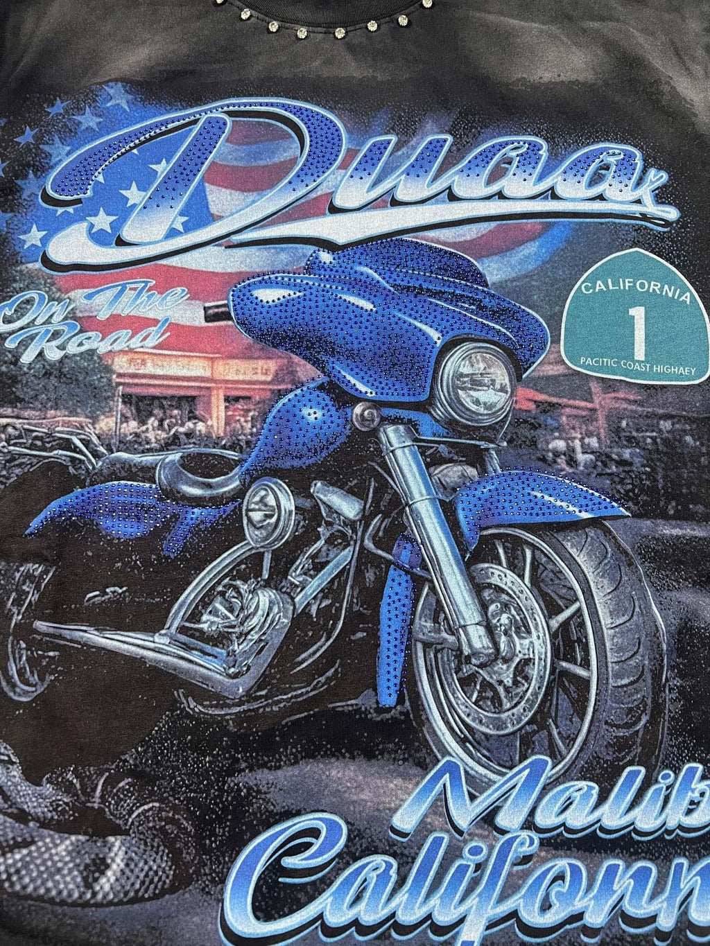 DUAA Blue Motorcycle Graphic Studded T-Shirt — detail
