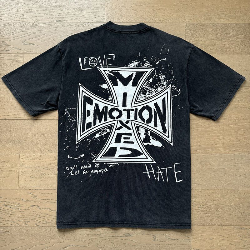 MIXED EMOTION Washed Black Graffiti Graphic T-Shirt — back