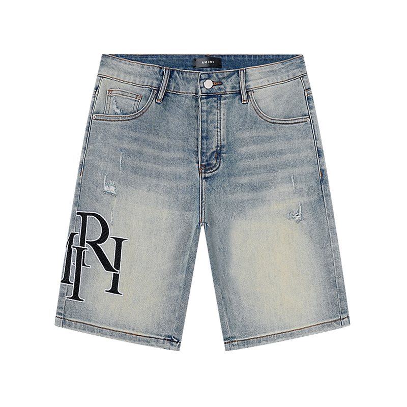 AMIRI Light Blue Distressed Monogram Denim Shorts — front