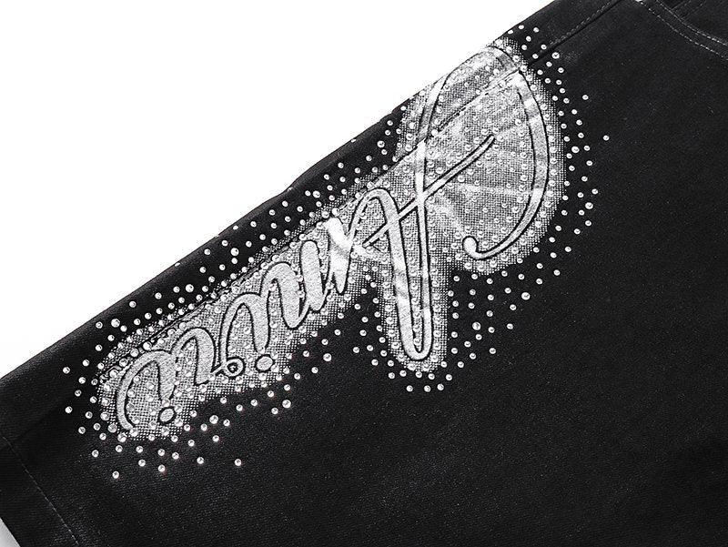AMIRI Black Rhinestone Script Denim Shorts — detail