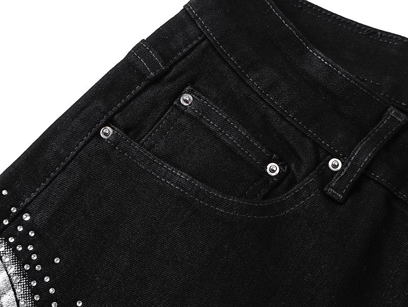 AMIRI Black Rhinestone Script Denim Shorts — detail