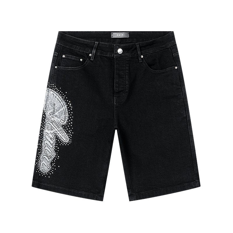 AMIRI Black Rhinestone Script Denim Shorts — hero